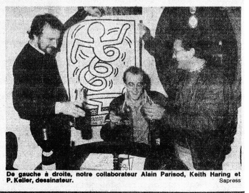 La coupure de presse de l’époque : « De gauche à droite, notre collaborateur Alain Parisod, Keith Haring et P. Keller, dessinateur. »