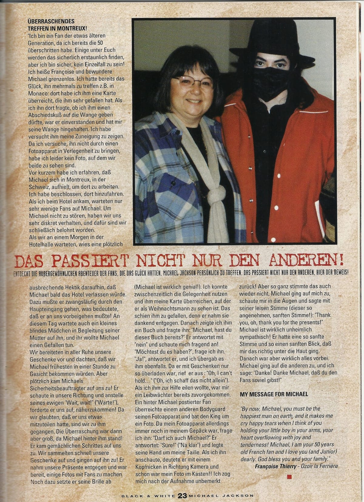 Le récit de Françoise Thierry et sa photo avec Michael Jackson, publiés dans le magazine « Black & White ».