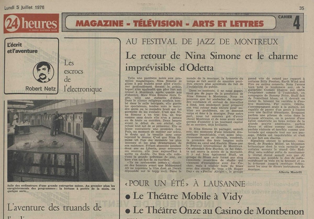 L’article d’Alberto Mastelli paru dans « 24 heures » le 5 juillet 1976, après le concert. Collection 24 Heures.
