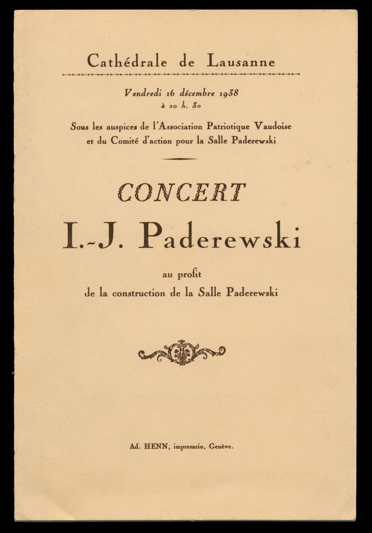 Le programme du concert donné par Paderewski à la cathédrale de Lausanne, le 16 décembre 1938, au profit de la construction de la Salle Paderewski.