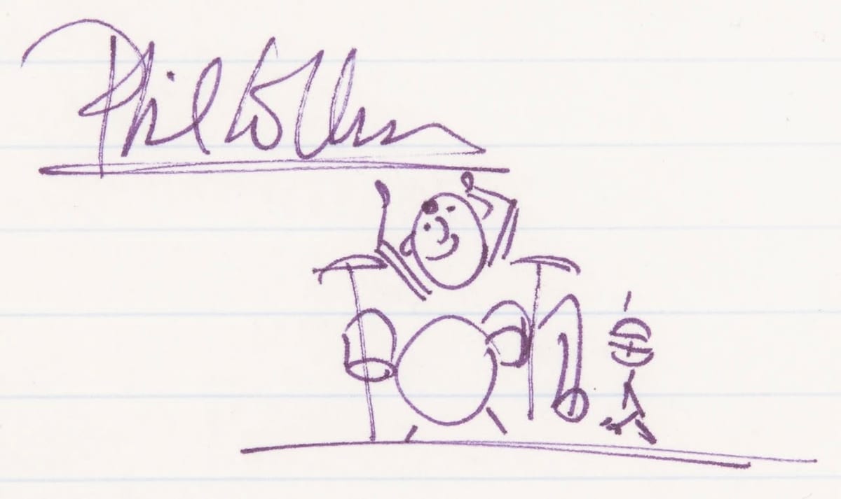 Un « drummer doodle » de Phil Collins : le petit batteur rond qu’il dessinait pour ses autographes, à l’origine de l’affiche.