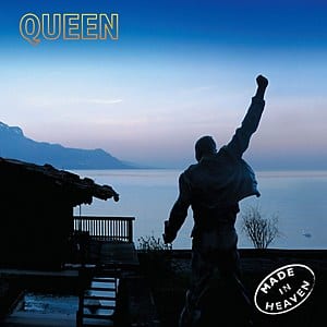 La pochette de « Made in Heaven » (1995) : la statue se découpe sur le Léman au crépuscule.