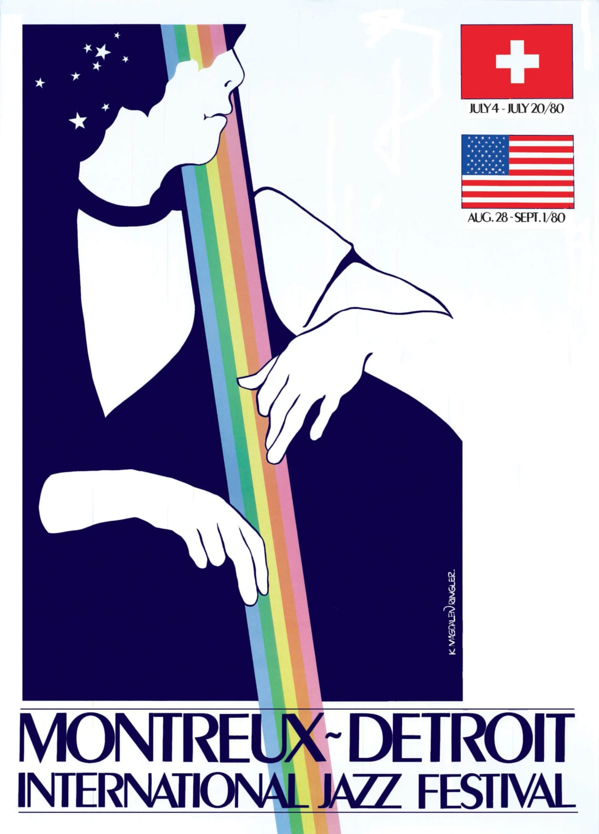 L’affiche commune de 1980, signée K. Magdalen Ringier : Montreux du 4 au 20 juillet, Detroit du 28 août au 1er septembre.
