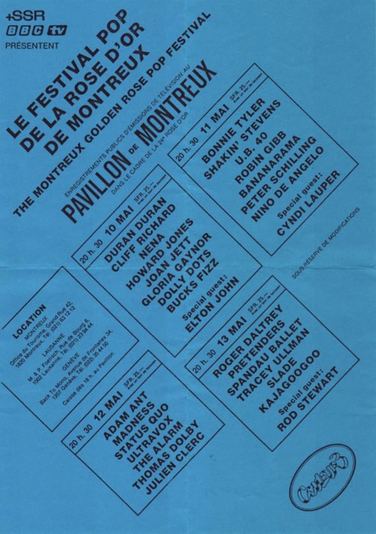 Le flyer du Festival pop de la Rose d’Or de Montreux 1984 (SSR / BBC / Couleur 3), au Pavillon de Montreux.